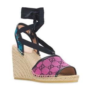 Gucci Sandals wedge Pink Blue New Multicolor Gg Canvas Wedge Espadrilles…